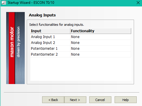 startup wizard analog inputs