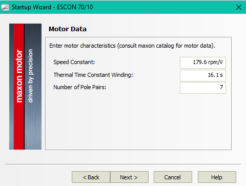 startup wizard motor data